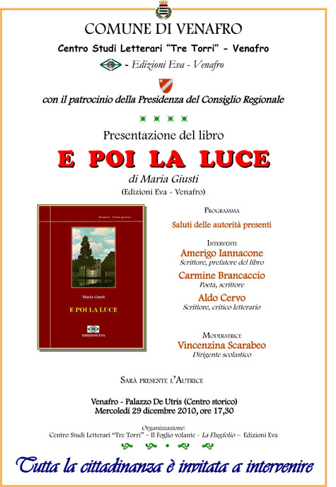“E poi la luce” di Maria Giusti si presenta il 29 dicembre a palazzo de Utris in Venafro
